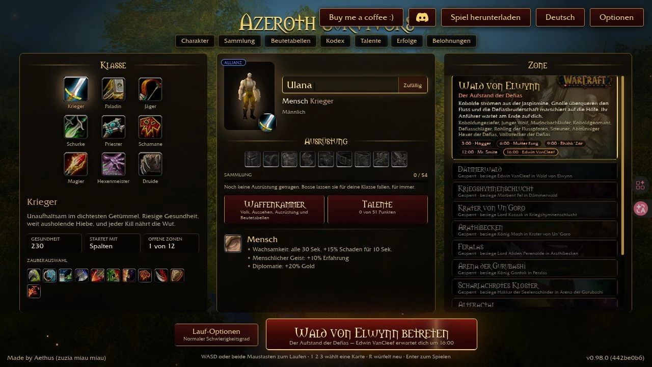 Azeroth Survivors-Menü mit Klassen, Ausrüstung und Elwynn Forest