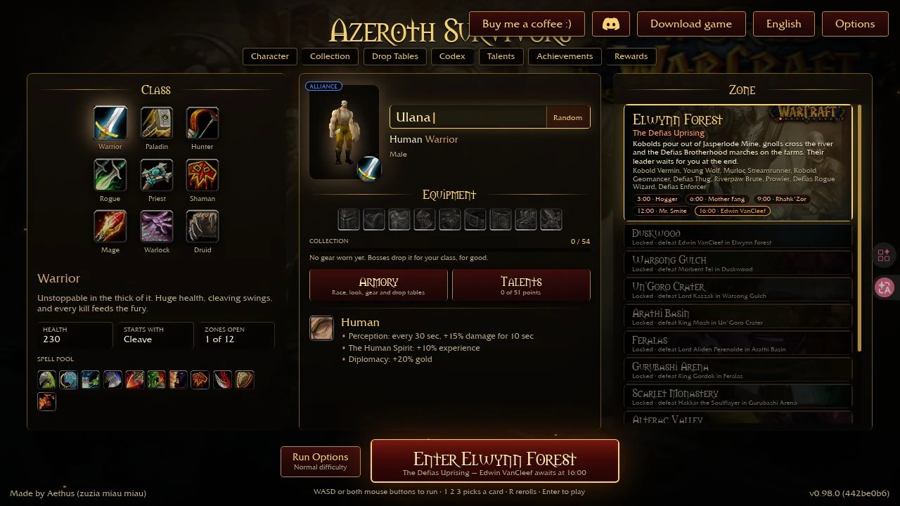 Azeroth Survivors v0.98.0 menu with classes on the left, a character in the middle, and zones on the right