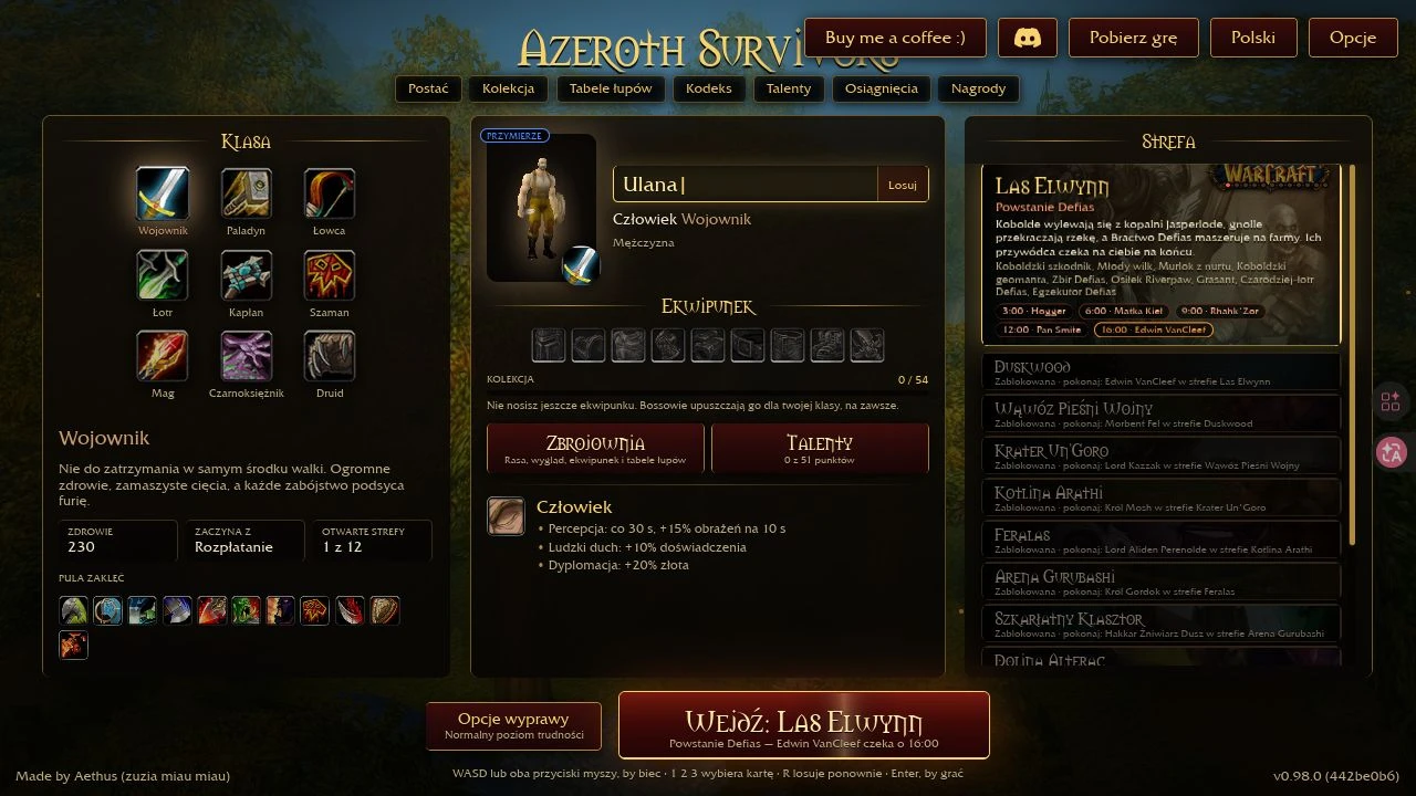 Menu Azeroth Survivors przedstawiające klasy, wyposażenie i las Elwynn