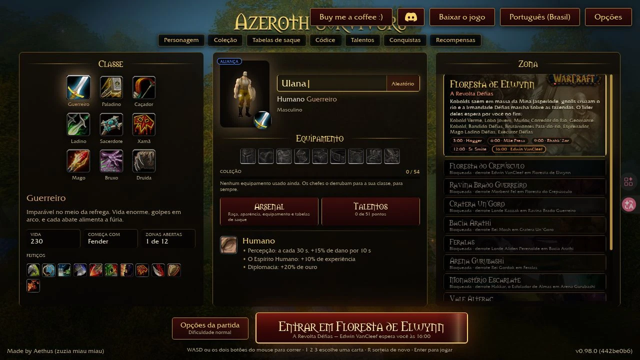 Menu Azeroth Survivors mostrando classes, equipamentos e a Floresta Elwynn