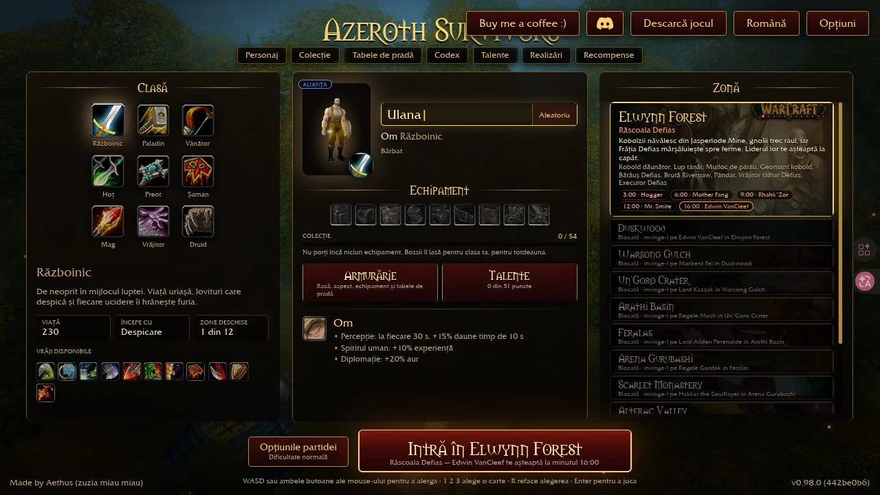 Meniul Azeroth Survivors care afișează clasele, echipamentele și Pădurea Elwynn
